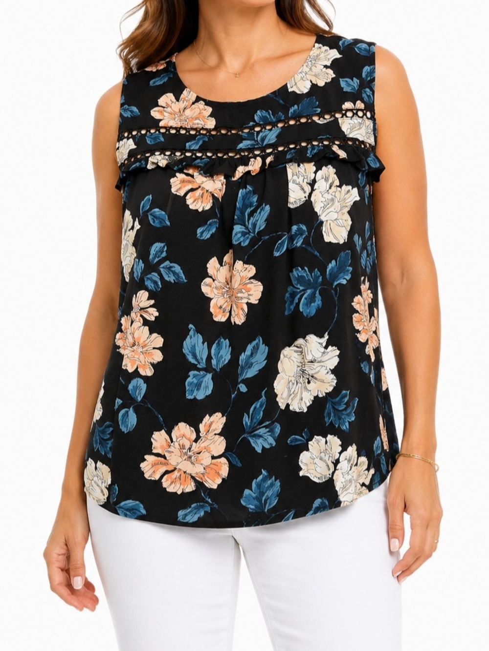 Sleeveless Floral Ruffle Top in Black, Blue & Peach